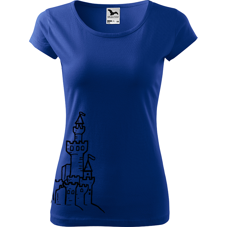 Ručně malované dámské bavlněné tričko - Hrad z písku Barva trička: MODRÁ, Velikost trička: XS, Barva motivu: ČERNÁ