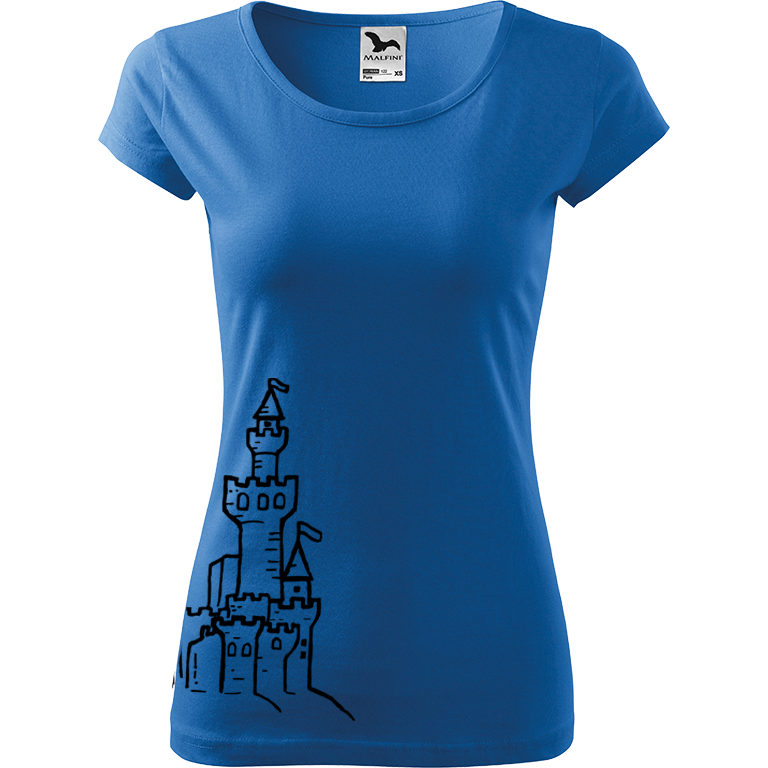 Ručně malované dámské bavlněné tričko - Hrad z písku Barva trička: AZUROVÁ, Velikost trička: L, Barva motivu: ČERNÁ