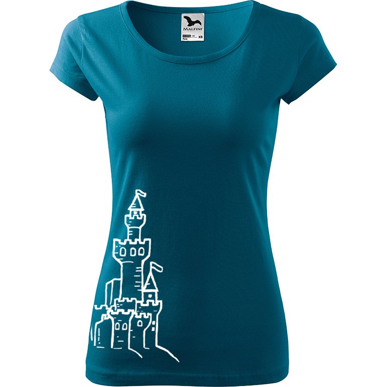 Ručně malované dámské bavlněné tričko - Hrad z písku Barva trička: PETROLEJOVÁ, Velikost trička: M, Barva motivu: BÍLÁ