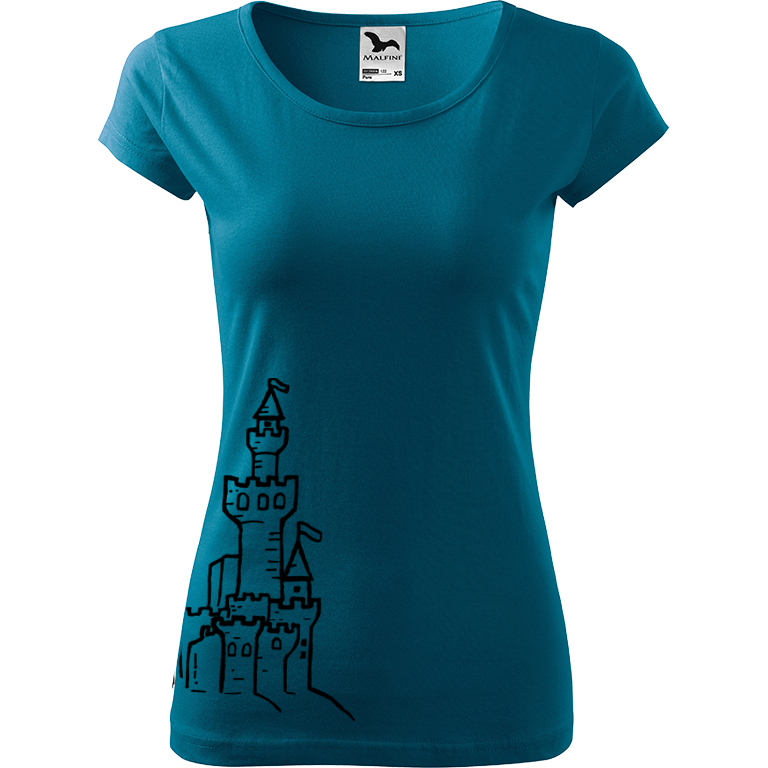 Ručně malované dámské bavlněné tričko - Hrad z písku Barva trička: PETROLEJOVÁ, Velikost trička: XS, Barva motivu: ČERNÁ