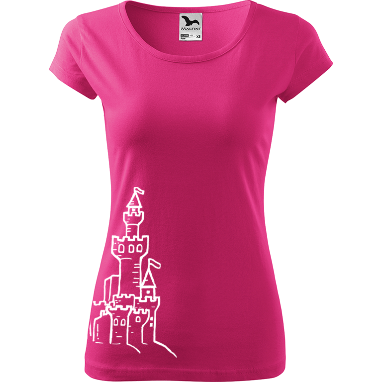 Ručně malované dámské bavlněné tričko - Hrad z písku Barva trička: RŮŽOVÁ, Velikost trička: XS, Barva motivu: BÍLÁ