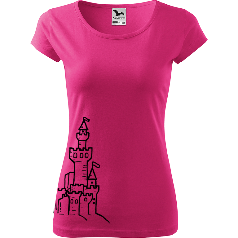Ručně malované dámské bavlněné tričko - Hrad z písku Barva trička: RŮŽOVÁ, Velikost trička: XS, Barva motivu: ČERNÁ