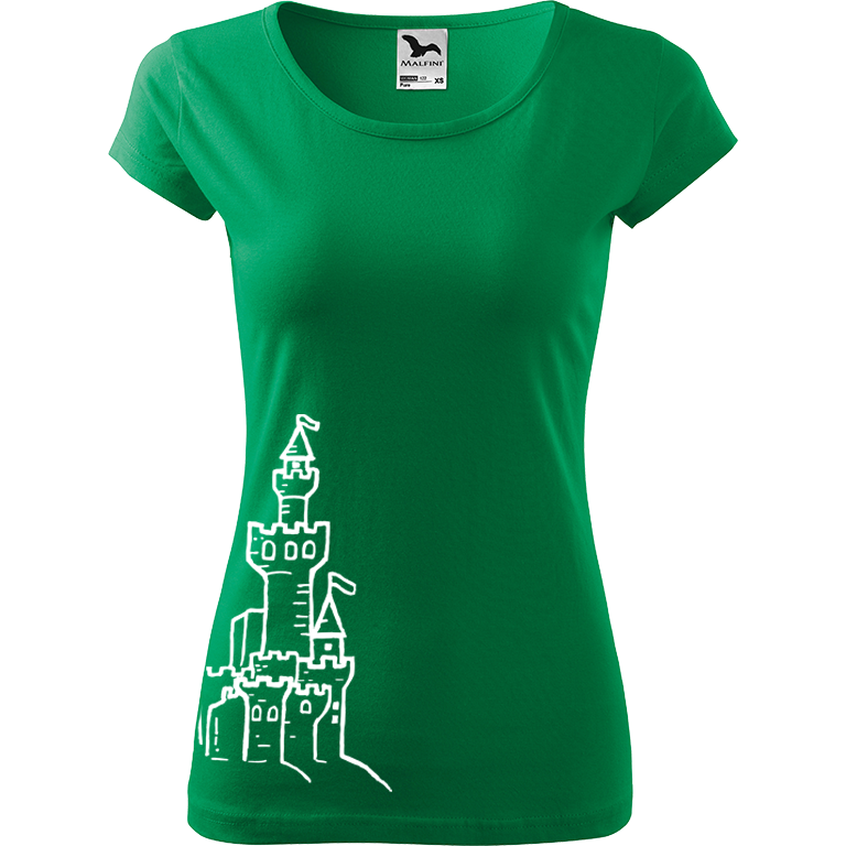 Ručně malované dámské bavlněné tričko - Hrad z písku Barva trička: STŘEDNĚ ZELENÁ, Velikost trička: XL, Barva motivu: BÍLÁ