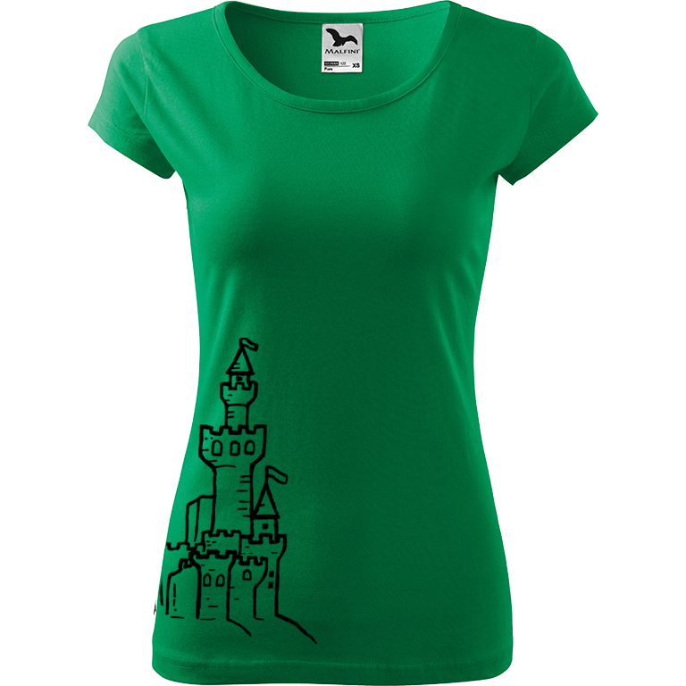 Ručně malované dámské bavlněné tričko - Hrad z písku Barva trička: STŘEDNĚ ZELENÁ, Velikost trička: M, Barva motivu: ČERNÁ