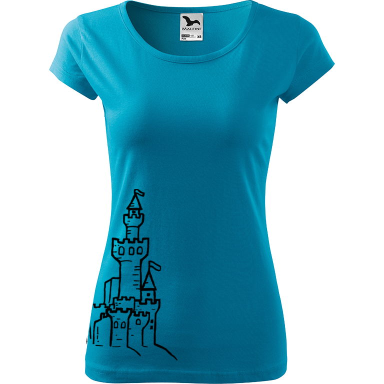 Ručně malované dámské bavlněné tričko - Hrad z písku Barva trička: TYRKYSOVÁ, Velikost trička: XS, Barva motivu: ČERNÁ
