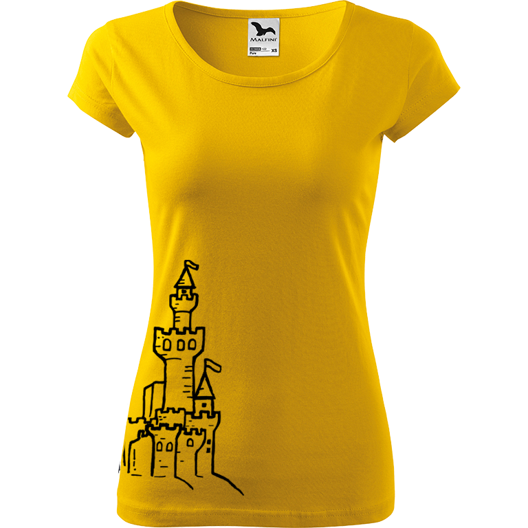 Ručně malované dámské bavlněné tričko - Hrad z písku Barva trička: ŽLUTÁ, Velikost trička: M, Barva motivu: ČERNÁ