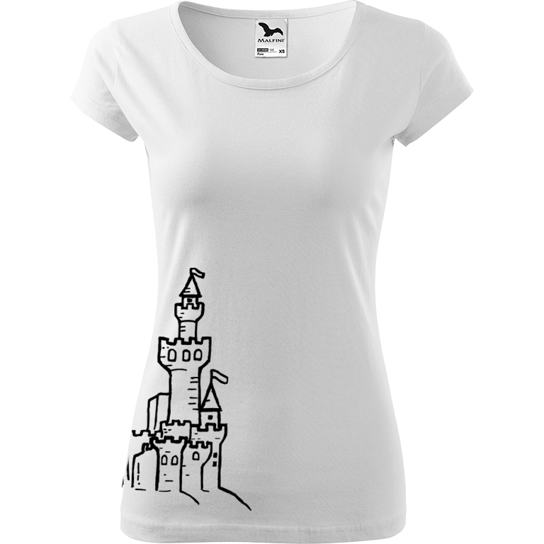 Ručně malované dámské bavlněné tričko - Hrad z písku Barva trička: BÍLÁ, Velikost trička: XS, Barva motivu: ČERNÁ