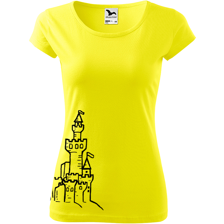 Ručně malované dámské bavlněné tričko - Hrad z písku Barva trička: CITRONOVÁ, Velikost trička: XS, Barva motivu: ČERNÁ