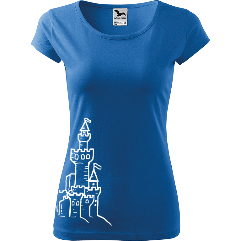 Ručně malované dámské bavlněné tričko - Hrad z písku Barva trička: AZUROVÁ, Velikost trička: L, Barva motivu: BÍLÁ