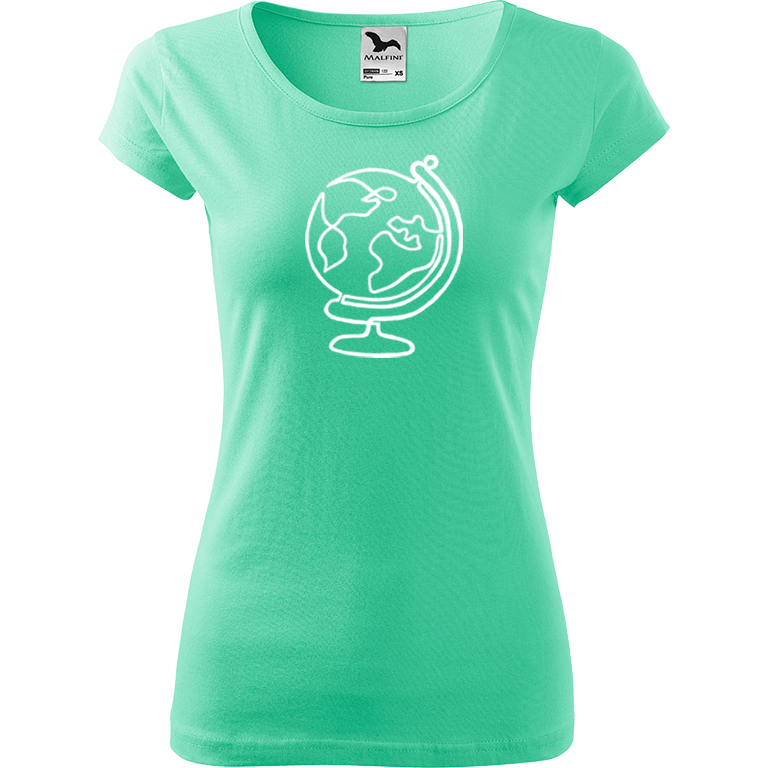 Ručně malované dámské bavlněné tričko - Globus Barva trička: MÁTOVÁ, Velikost trička: XL, Barva motivu: BÍLÁ