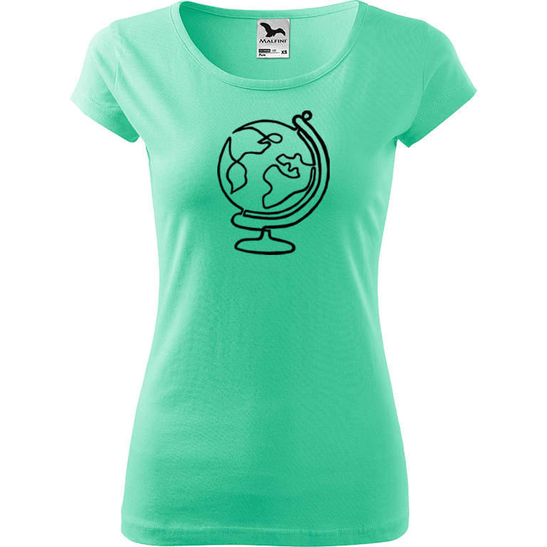 Ručně malované dámské bavlněné tričko - Globus Barva trička: MÁTOVÁ, Velikost trička: L, Barva motivu: ČERNÁ