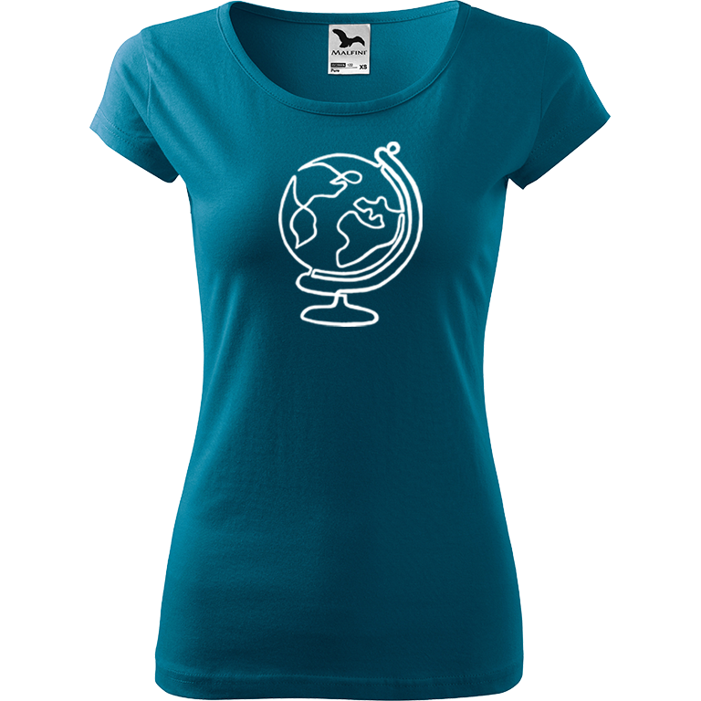 Ručně malované dámské bavlněné tričko - Globus Barva trička: PETROLEJOVÁ, Velikost trička: XXL, Barva motivu: BÍLÁ