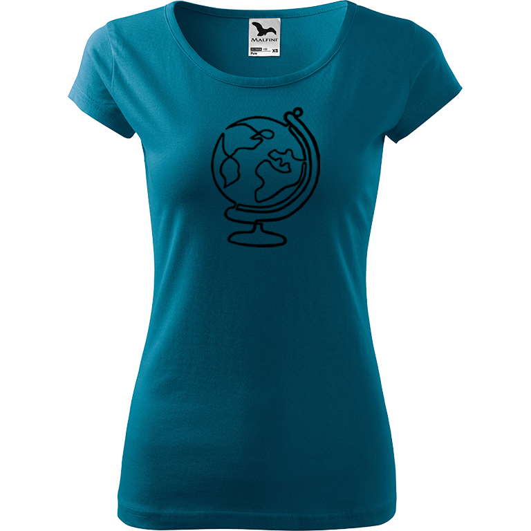 Ručně malované dámské bavlněné tričko - Globus Barva trička: PETROLEJOVÁ, Velikost trička: XS, Barva motivu: ČERNÁ