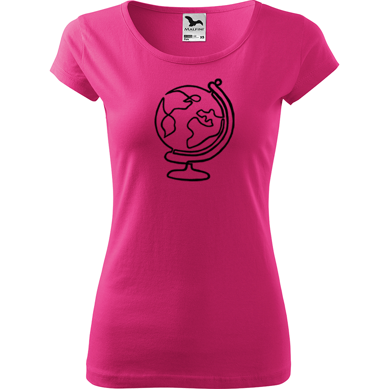 Ručně malované dámské bavlněné tričko - Globus Barva trička: RŮŽOVÁ, Velikost trička: XS, Barva motivu: ČERNÁ