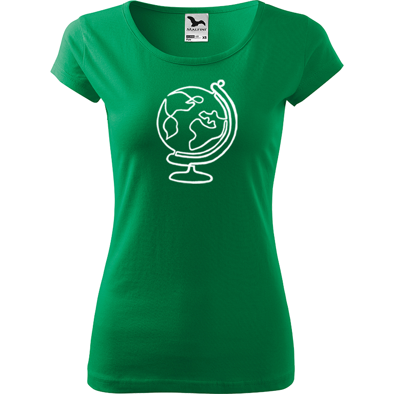 Ručně malované dámské bavlněné tričko - Globus Barva trička: STŘEDNĚ ZELENÁ, Velikost trička: XL, Barva motivu: BÍLÁ