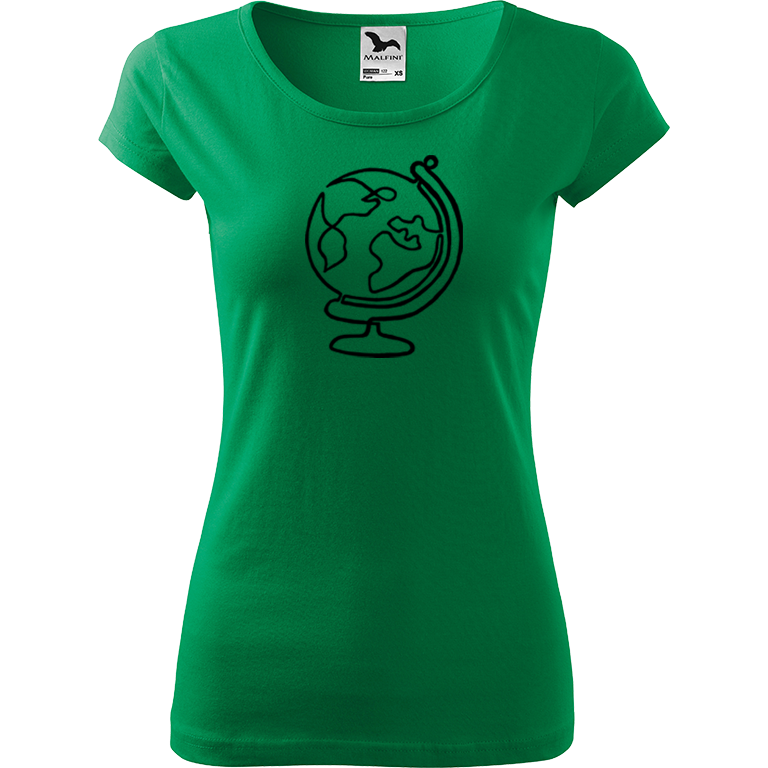 Ručně malované dámské bavlněné tričko - Globus Barva trička: STŘEDNĚ ZELENÁ, Velikost trička: L, Barva motivu: ČERNÁ