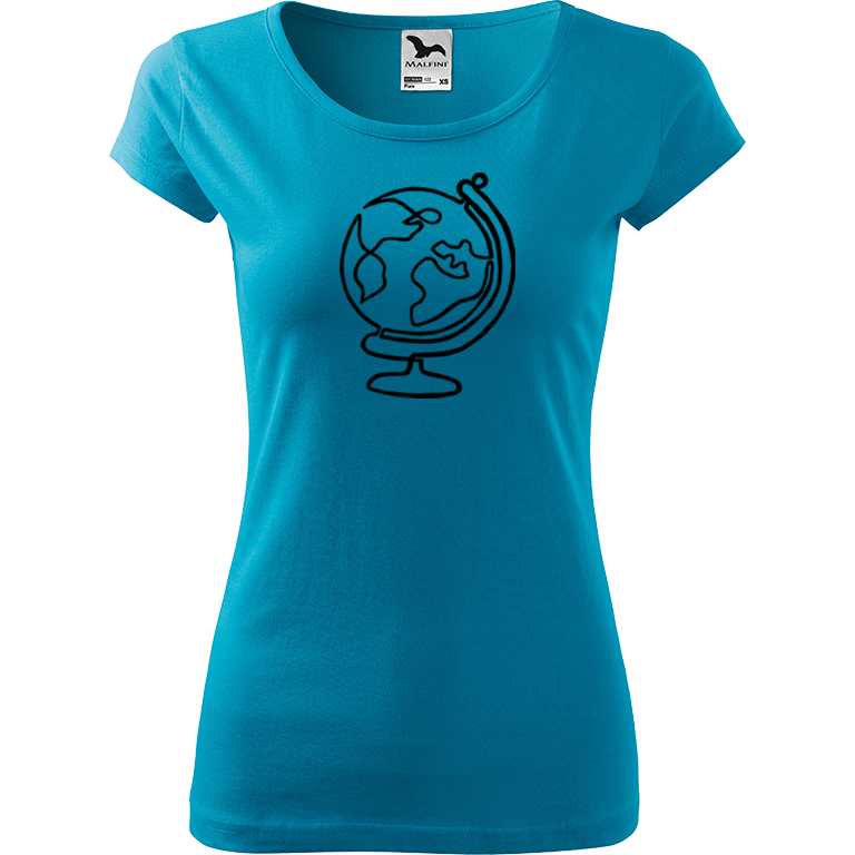 Ručně malované dámské bavlněné tričko - Globus Barva trička: TYRKYSOVÁ, Velikost trička: M, Barva motivu: ČERNÁ