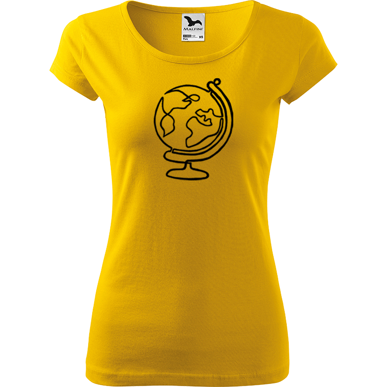Ručně malované dámské bavlněné tričko - Globus Barva trička: ŽLUTÁ, Velikost trička: M, Barva motivu: ČERNÁ