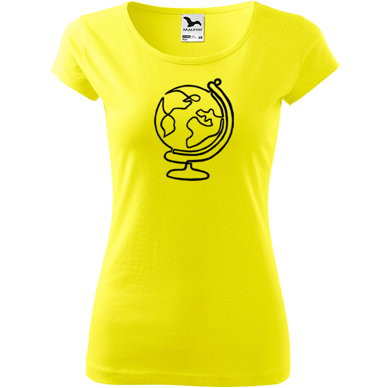 Ručně malované dámské bavlněné tričko - Globus Barva trička: CITRONOVÁ, Velikost trička: XS, Barva motivu: ČERNÁ