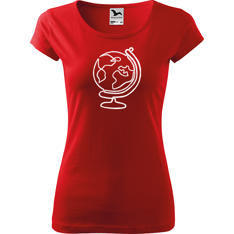 Ručně malované dámské bavlněné tričko - Globus Barva trička: ČERVENÁ, Velikost trička: L, Barva motivu: BÍLÁ