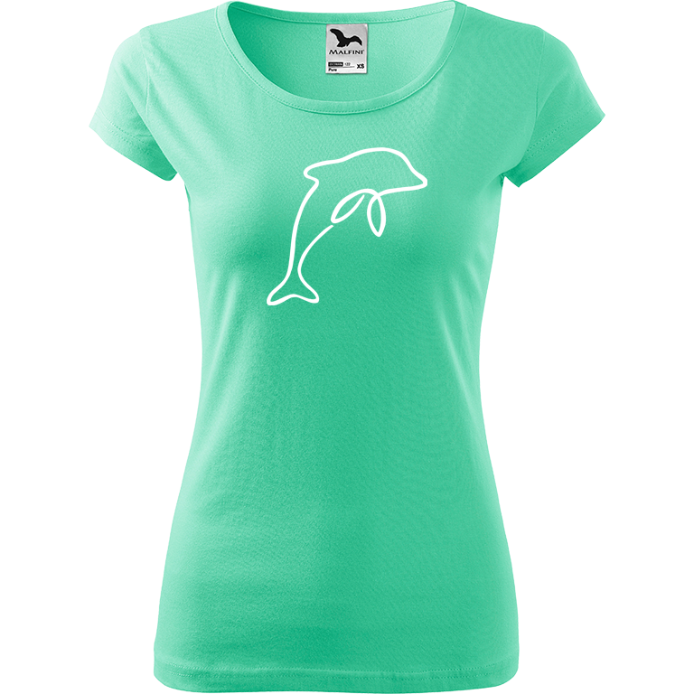 Ručně malované dámské bavlněné tričko - Jednotahový delfín Barva trička: MÁTOVÁ, Velikost trička: L, Barva motivu: BÍLÁ
