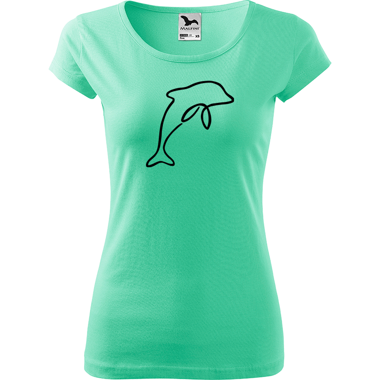 Ručně malované dámské bavlněné tričko - Jednotahový delfín Barva trička: MÁTOVÁ, Velikost trička: XS, Barva motivu: ČERNÁ