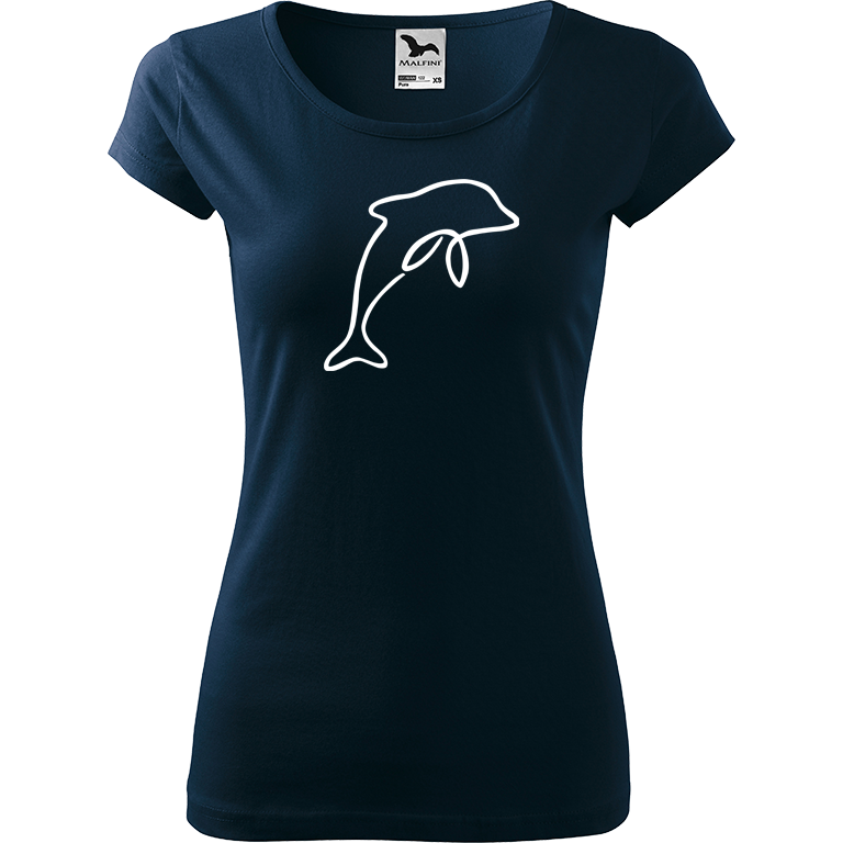 Ručně malované dámské bavlněné tričko - Jednotahový delfín Barva trička: NÁMOŘNICKÁ MODRÁ, Velikost trička: XXL, Barva motivu: BÍLÁ