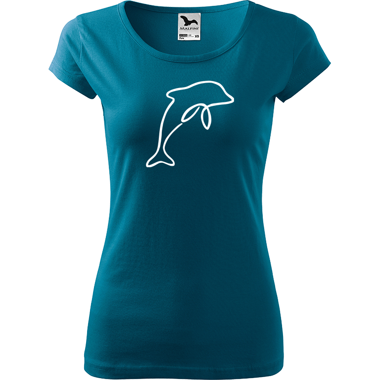 Ručně malované dámské bavlněné tričko - Jednotahový delfín Barva trička: PETROLEJOVÁ, Velikost trička: M, Barva motivu: BÍLÁ