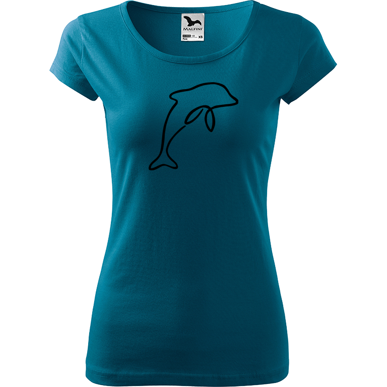 Ručně malované dámské bavlněné tričko - Jednotahový delfín Barva trička: PETROLEJOVÁ, Velikost trička: XL, Barva motivu: ČERNÁ