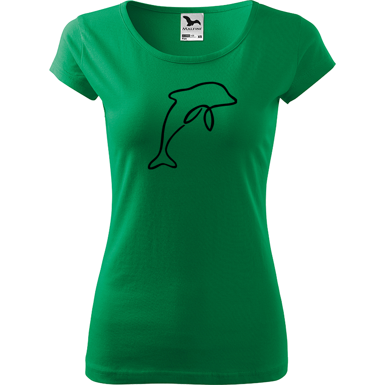 Ručně malované dámské bavlněné tričko - Jednotahový delfín Barva trička: STŘEDNĚ ZELENÁ, Velikost trička: M, Barva motivu: ČERNÁ