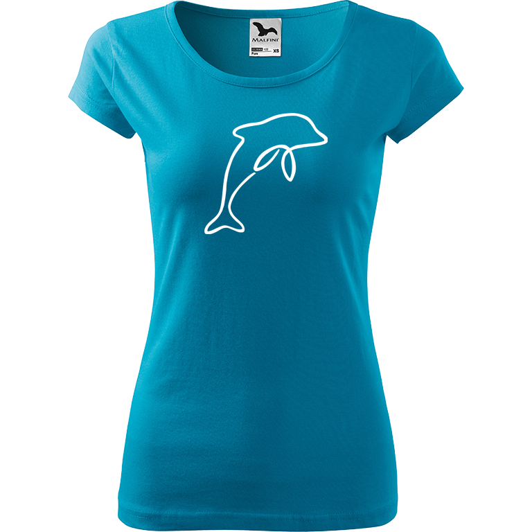 Ručně malované dámské bavlněné tričko - Jednotahový delfín Barva trička: TYRKYSOVÁ, Velikost trička: L, Barva motivu: BÍLÁ