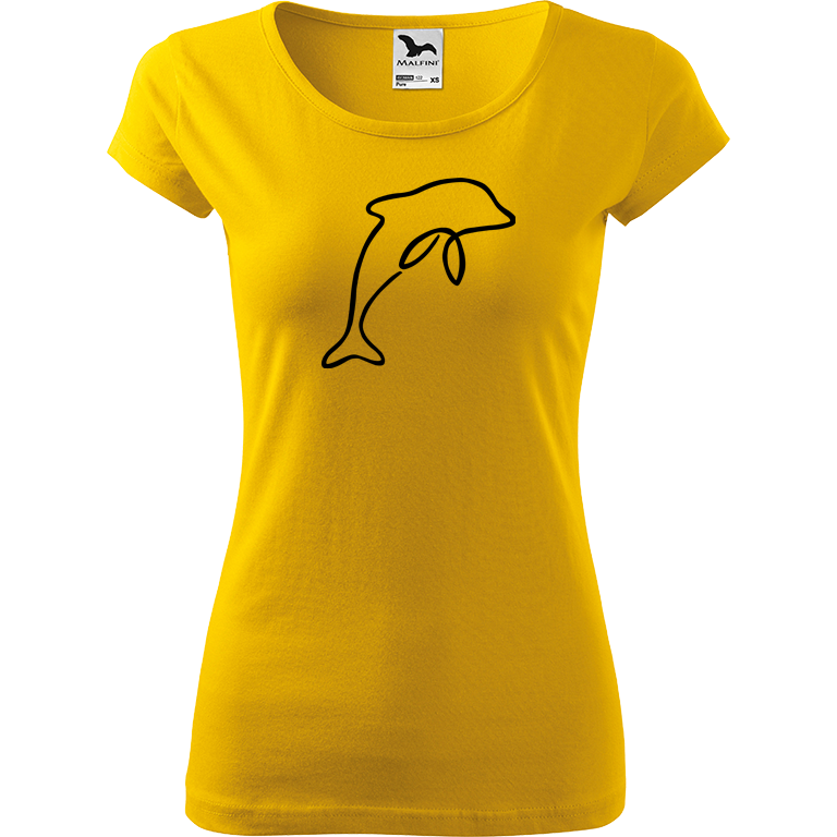 Ručně malované dámské bavlněné tričko - Jednotahový delfín Barva trička: ŽLUTÁ, Velikost trička: S, Barva motivu: ČERNÁ