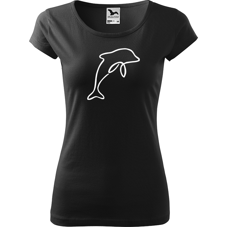 Ručně malované dámské bavlněné tričko - Jednotahový delfín Barva trička: ČERNÁ, Velikost trička: M, Barva motivu: BÍLÁ