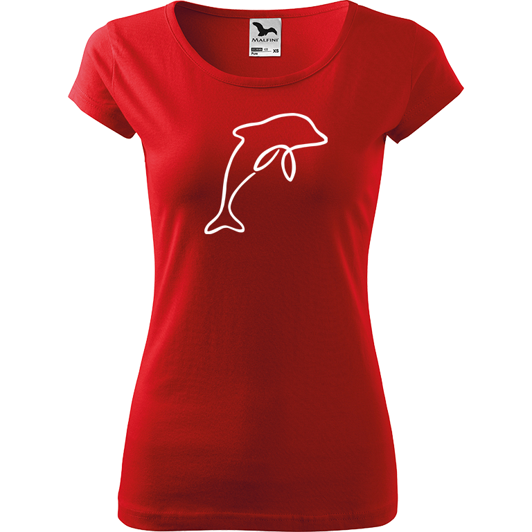 Ručně malované dámské bavlněné tričko - Jednotahový delfín Barva trička: ČERVENÁ, Velikost trička: XXL, Barva motivu: BÍLÁ