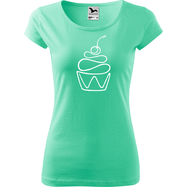 Ručně malované dámské bavlněné tričko - Jednotahový dortík Barva trička: MÁTOVÁ, Velikost trička: XL, Barva motivu: BÍLÁ