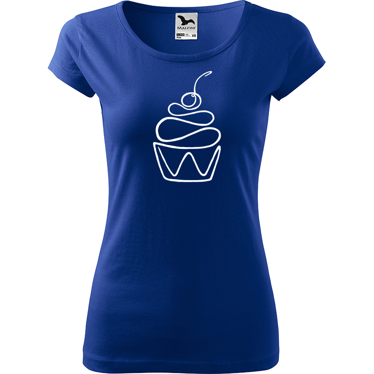 Ručně malované dámské bavlněné tričko - Jednotahový dortík Barva trička: MODRÁ, Velikost trička: XXL, Barva motivu: BÍLÁ