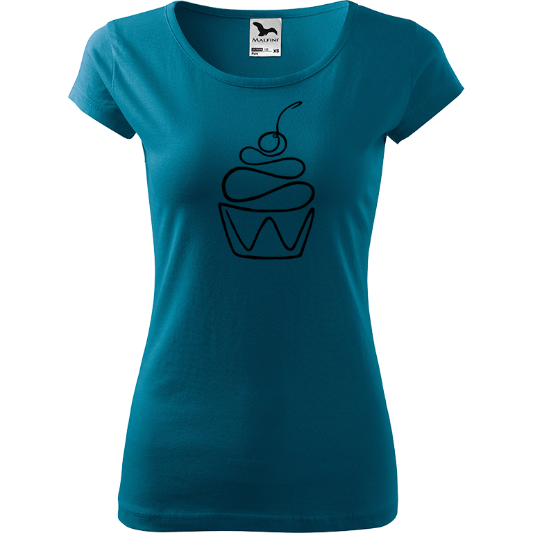 Ručně malované dámské bavlněné tričko - Jednotahový dortík Barva trička: PETROLEJOVÁ, Velikost trička: S, Barva motivu: ČERNÁ