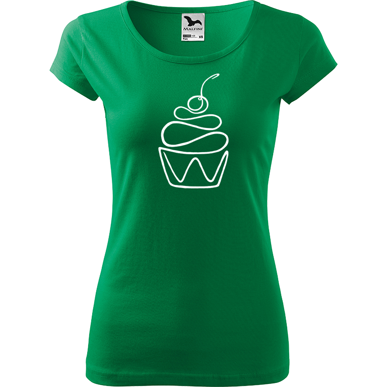 Ručně malované dámské bavlněné tričko - Jednotahový dortík Barva trička: STŘEDNĚ ZELENÁ, Velikost trička: M, Barva motivu: BÍLÁ