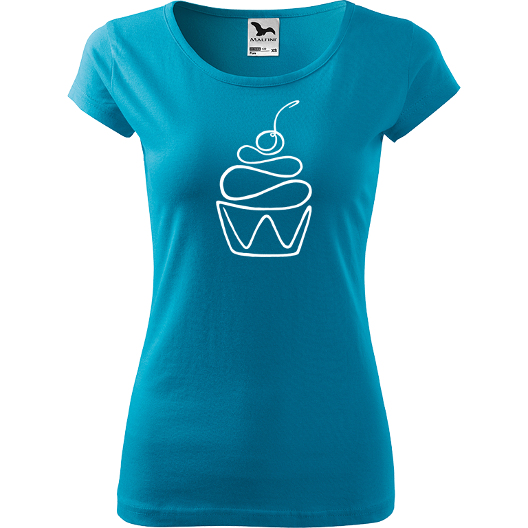 Ručně malované dámské bavlněné tričko - Jednotahový dortík Barva trička: TYRKYSOVÁ, Velikost trička: XXL, Barva motivu: BÍLÁ