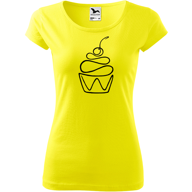 Ručně malované dámské bavlněné tričko - Jednotahový dortík Barva trička: CITRONOVÁ, Velikost trička: XS, Barva motivu: ČERNÁ