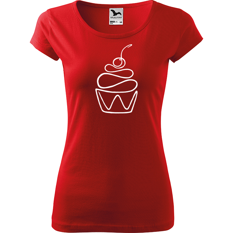 Ručně malované dámské bavlněné tričko - Jednotahový dortík Barva trička: ČERVENÁ, Velikost trička: S, Barva motivu: BÍLÁ