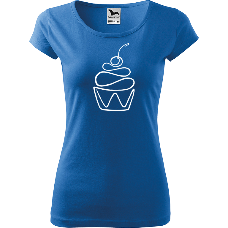 Ručně malované dámské bavlněné tričko - Jednotahový dortík Barva trička: AZUROVÁ, Velikost trička: S, Barva motivu: BÍLÁ