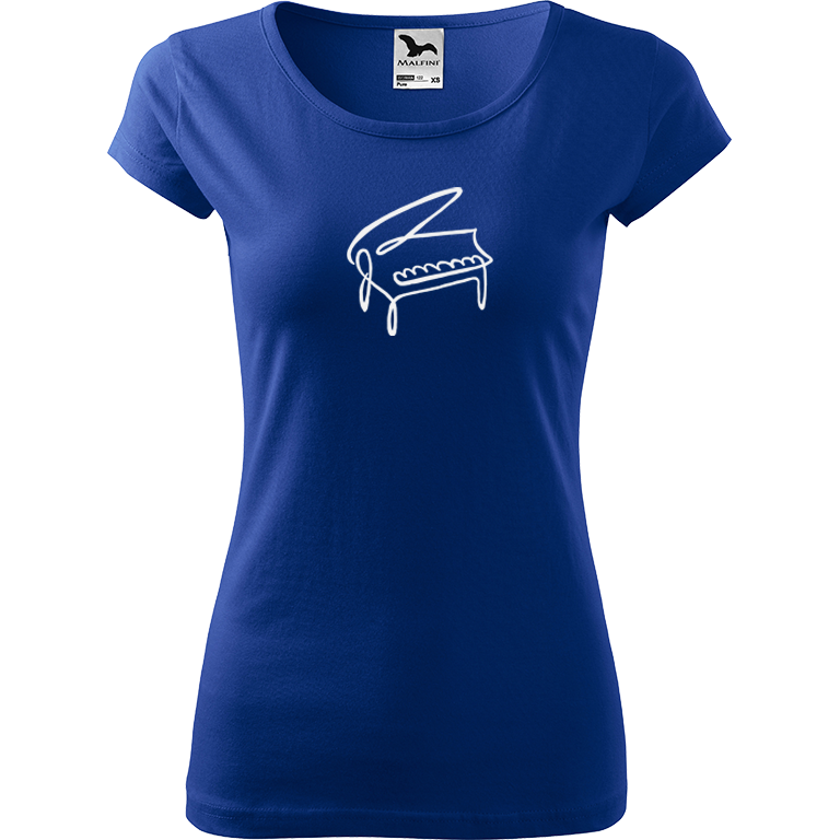 Ručně malované dámské bavlněné tričko - Jednotahové piano Barva trička: MODRÁ, Velikost trička: XL, Barva motivu: BÍLÁ