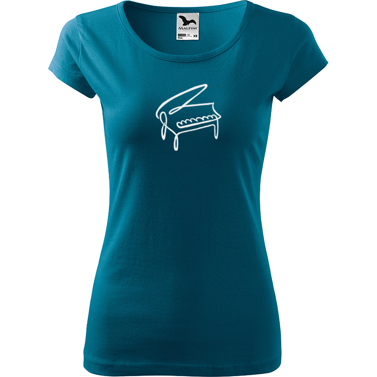 Ručně malované dámské bavlněné tričko - Jednotahové piano Barva trička: PETROLEJOVÁ, Velikost trička: L, Barva motivu: BÍLÁ
