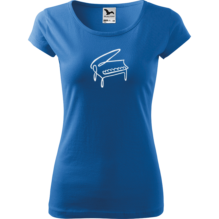 Ručně malované dámské bavlněné tričko - Jednotahové piano Barva trička: AZUROVÁ, Velikost trička: L, Barva motivu: BÍLÁ