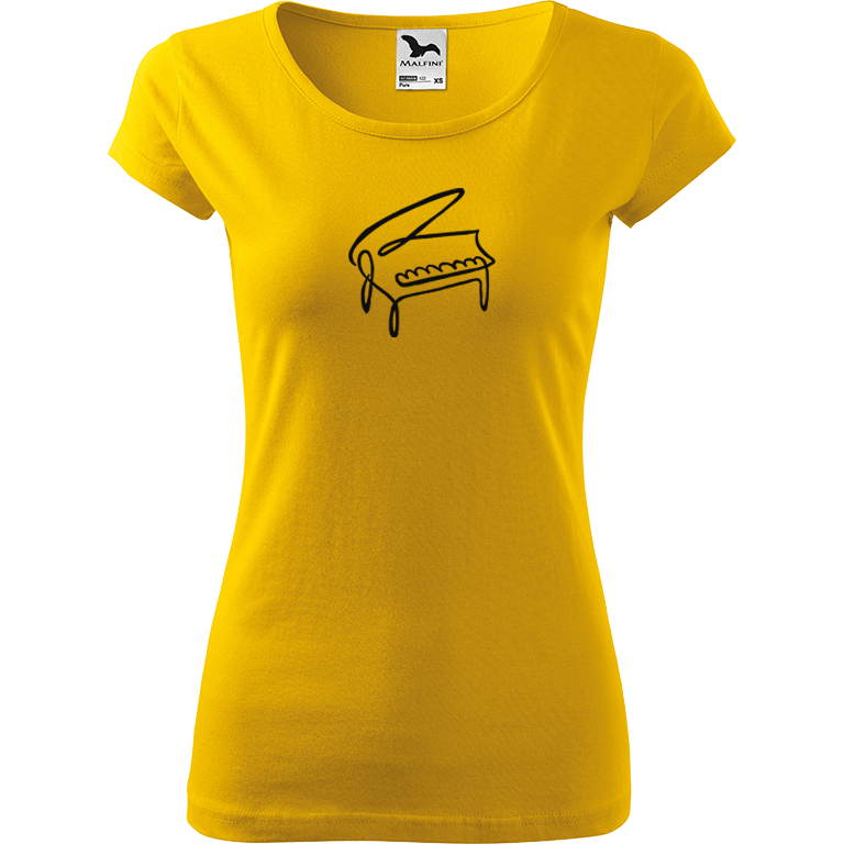 Ručně malované dámské bavlněné tričko - Jednotahové piano Barva trička: ŽLUTÁ, Velikost trička: XL, Barva motivu: ČERNÁ