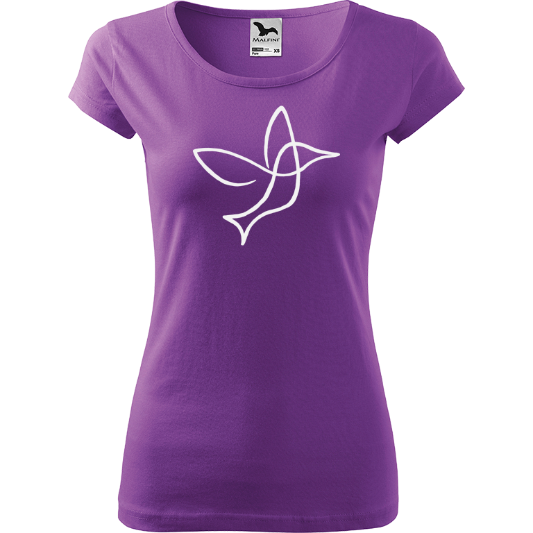 Ručně malované dámské bavlněné tričko - Jednotahový kolibřík Barva trička: FIALOVÁ, Velikost trička: M, Barva motivu: BÍLÁ