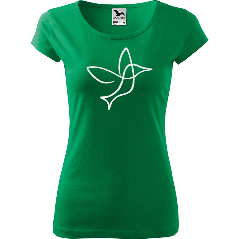Ručně malované dámské bavlněné tričko - Jednotahový kolibřík Barva trička: STŘEDNĚ ZELENÁ, Velikost trička: M, Barva motivu: BÍLÁ