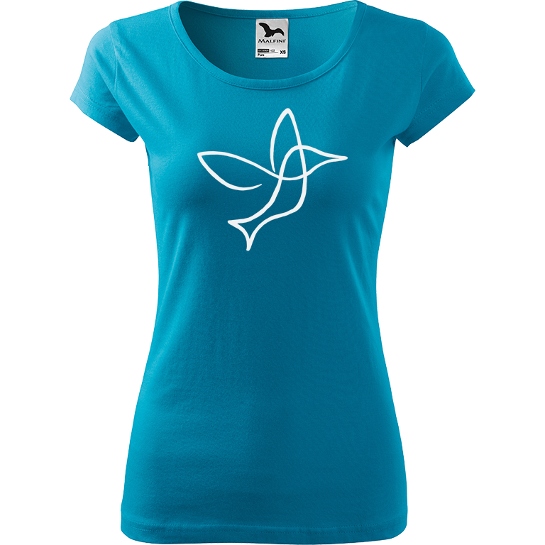 Ručně malované dámské bavlněné tričko - Jednotahový kolibřík Barva trička: TYRKYSOVÁ, Velikost trička: S, Barva motivu: BÍLÁ