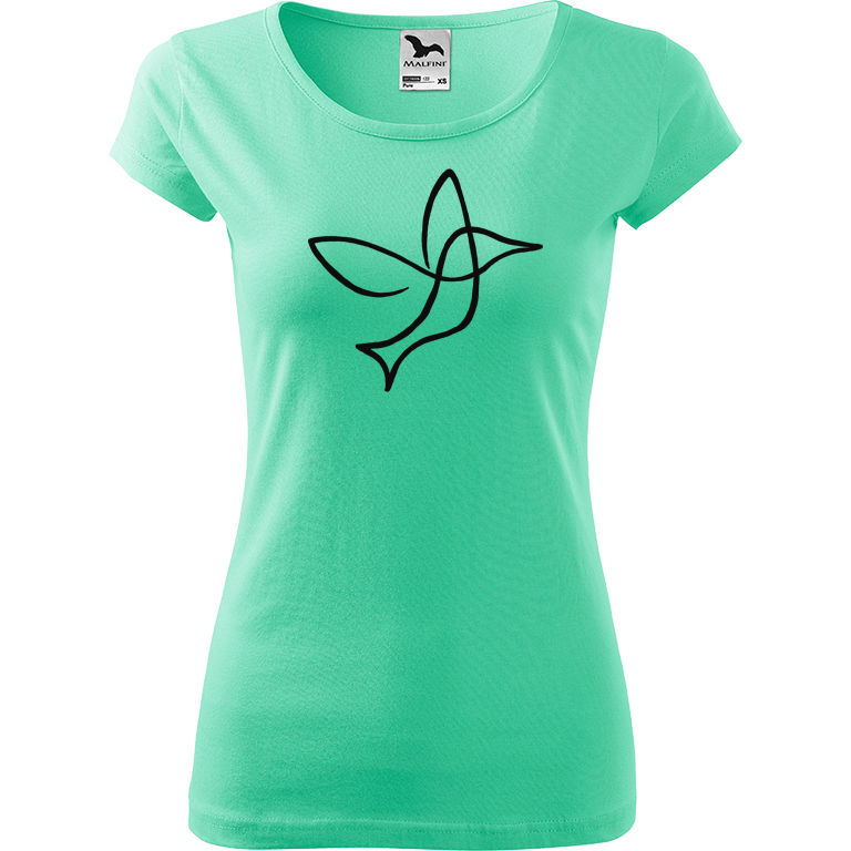 Ručně malované dámské bavlněné tričko - Jednotahový kolibřík Barva trička: MÁTOVÁ, Velikost trička: XXL, Barva motivu: ČERNÁ